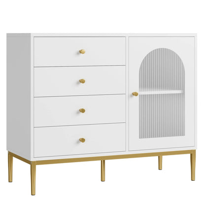 Homfa 4 Drawer Storage Cabinet, Modern Wooden Cupboard with Frosted Glass for Living Room, White Finish