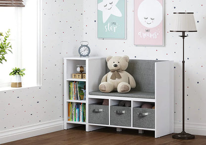 UTEX Kids Bookcase with Reading Seat, 6-Cubby Kids Toy Storage Organizer with Bins, Kids Bookshelf and Storage for Boys and Girls, White
