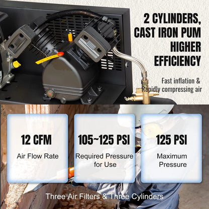 Horizontal 6.5 HP 9 Gal Gas-Powered Portable Air Compressor Double Tank 125 PSI 12 CFM