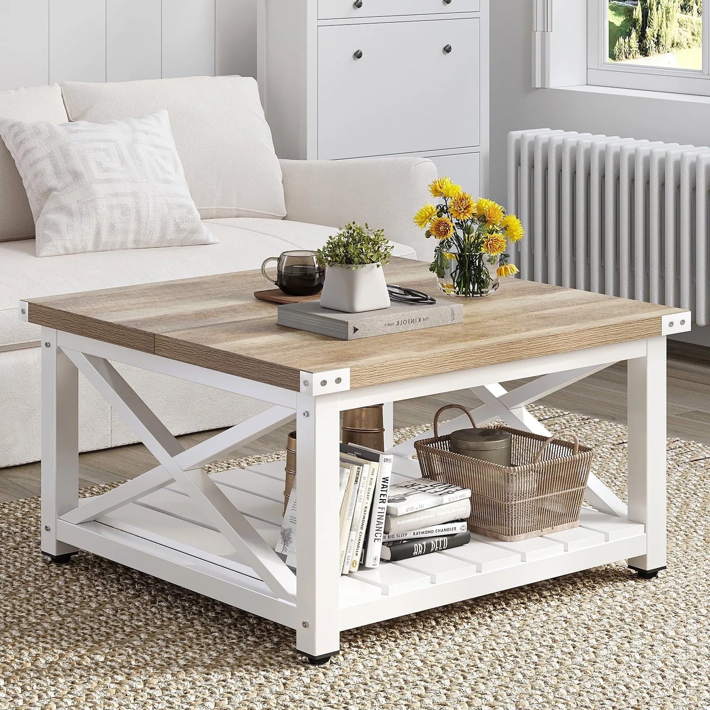 Dextrus Farmhouse Coffee Table Square Wood Center Table End Table with Open Storage Shelf for Living Room, Gray Wash