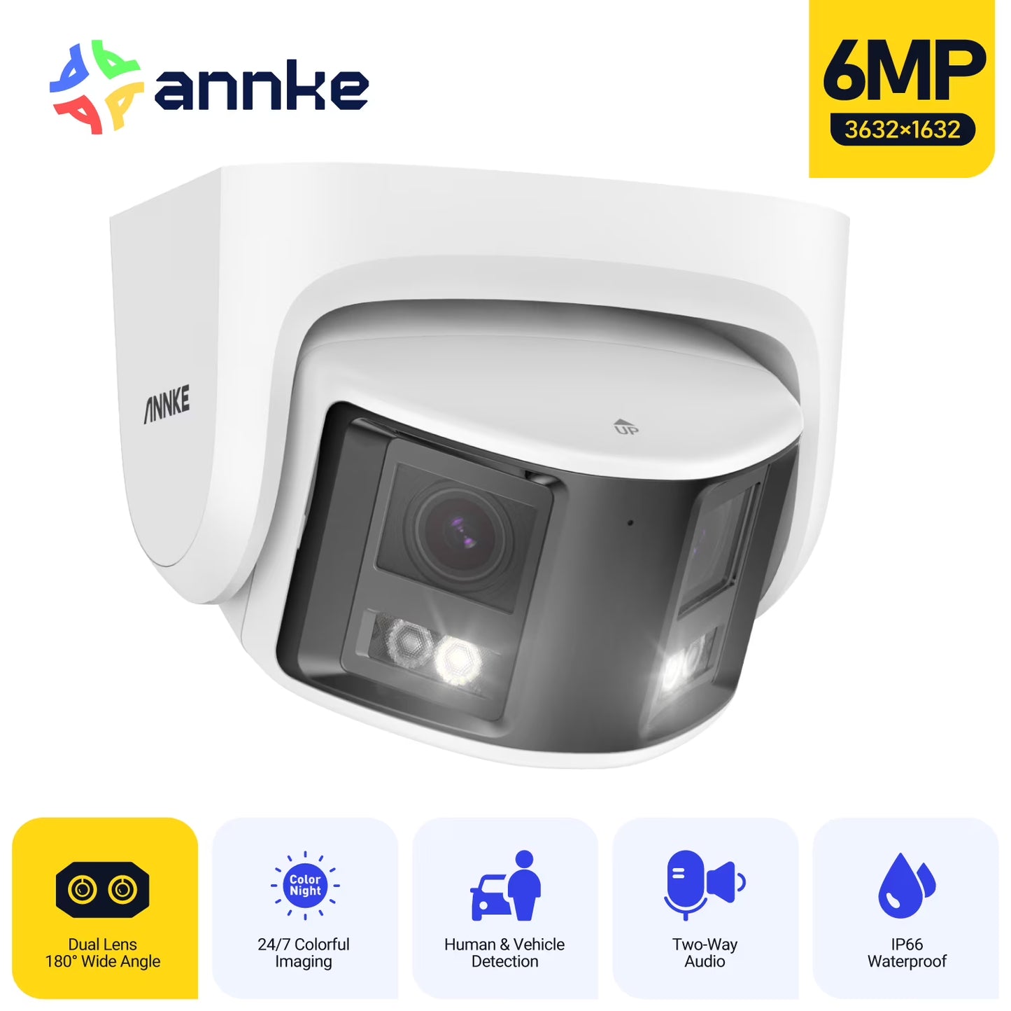 ANNKE PoE Security Camera Outdoor with Dual Lens 180? Filed of View, 6MP IP Surveillance Camera Support Color Night Vision, Person/Vehicle Detection, Two-Way Talk, Built-in SD Card Slot