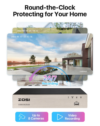 ZOSI 3K Lite H.265+ Home Security Camera System,5MP Lite 8 Channel Surveillance DVR and 4 x 1080p Weatherproof CCTV Dome Camera Outdoor Indoor with 80ft Night Vision, Motion Alerts, NO Hard Drive