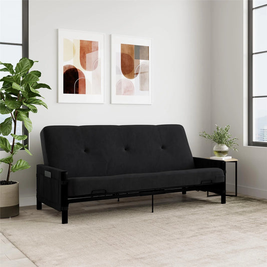 DHP Fairview Futon Set with Black Metal Frame, 6" Mattress and Storage Pockets, Black