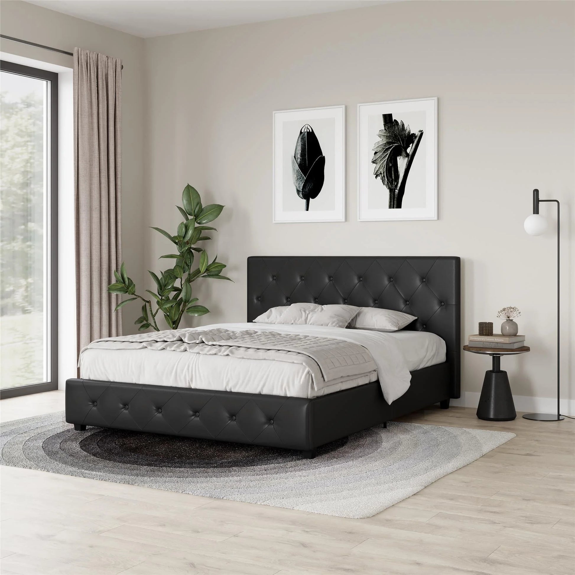 River Street Designs Dean Upholstered Bed With Storage, Black Faux Leather, Queen
