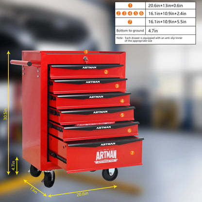 NIGSQJB 30.5"H Rolling Tool Chest Cart with 6 Drawers, 7 Small Tool Boxes Organizers, Lockable Tool Cabinet Storage with Wheels for Garage, Warehouse,Workshop, Repair Shop, DIY, Red