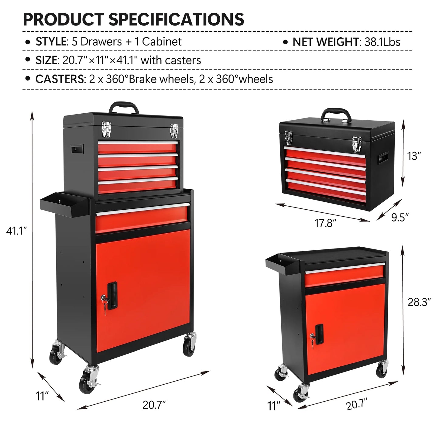 Tool Chest, 5-Drawer Rolling Tool Storage Cabinet with Detachable Top Tool Box, Universal Lockable Wheels