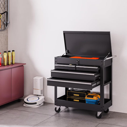 4-Drawer Heavy Duty Tool Cart On Wheels, Locking Rolling Tool Chest with 600+ Lbs Capacity, Powder-Coated Steel, Brake Casters & Multi-Tier Shelves for Garage, Workshop, and Job Site