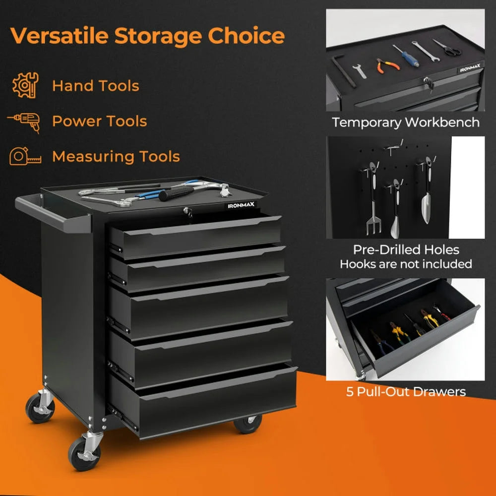 Spaco 5-Drawer Tool Storage Cabinet with Hanging Holes and Central Keyed Locking System-Black, Tool Chest for Garage, Home and Workbench