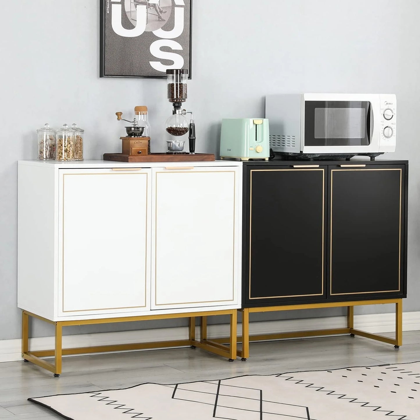Yoleny 31'' Buffet Cabinet with Storage, Accent Cabinet with 2 Doors, Gold Trim and Golden Legs, Wooden Sideboard with Adjustable Shelf and Feet for Bedroom, Living Room, Kitchen, Hallway, Black