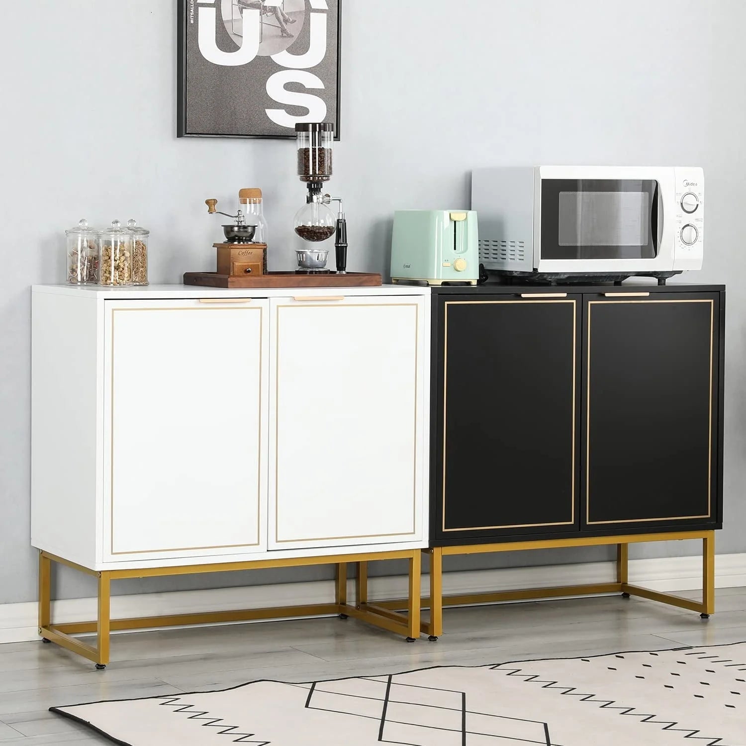 Yoleny 31'' Buffet Cabinet with Storage, Accent Cabinet with 2 Doors, Gold Trim and Golden Legs, Wooden Sideboard with Adjustable Shelf and Feet for Bedroom, Living Room, Kitchen, Hallway, Black