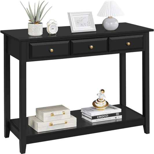 Topeakmart 3-Drawer Wooden Console Table Entryway Table with Storage Shelf Pine Wood Legs, Black