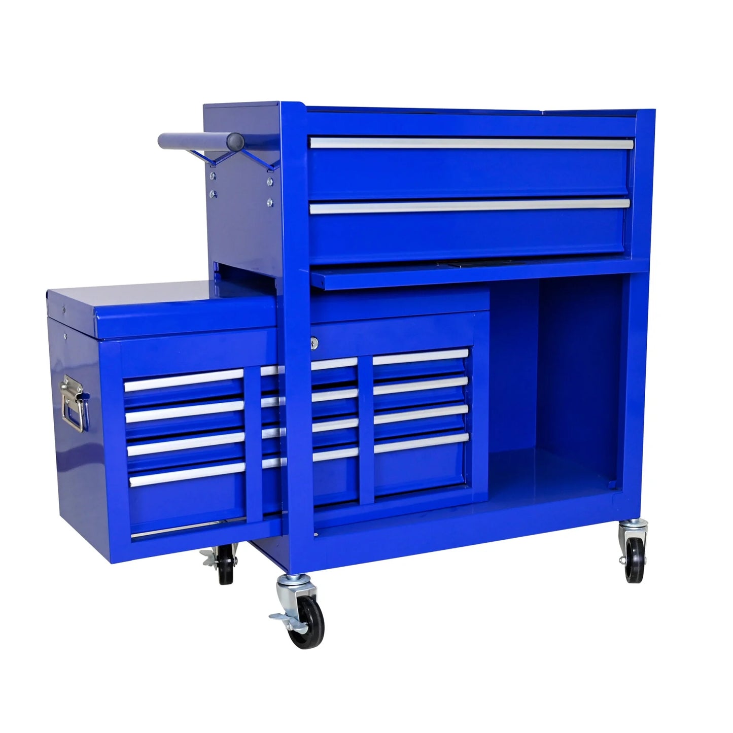 Multifunctional 8 Drawer Rolling Tool Chest with Pull Handle and Brake, Steel Construction Tool Cart with Storage Cabinet and Holidng Panel for Garage, Warehouse, Workshop, Repair Shop, Navy Blue