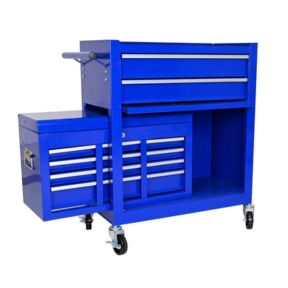 Multifunctional 8 Drawer Rolling Tool Chest with Pull Handle and Brake, Steel Construction Tool Cart with Storage Cabinet and Holidng Panel for Garage, Warehouse, Workshop, Repair Shop, Navy Blue