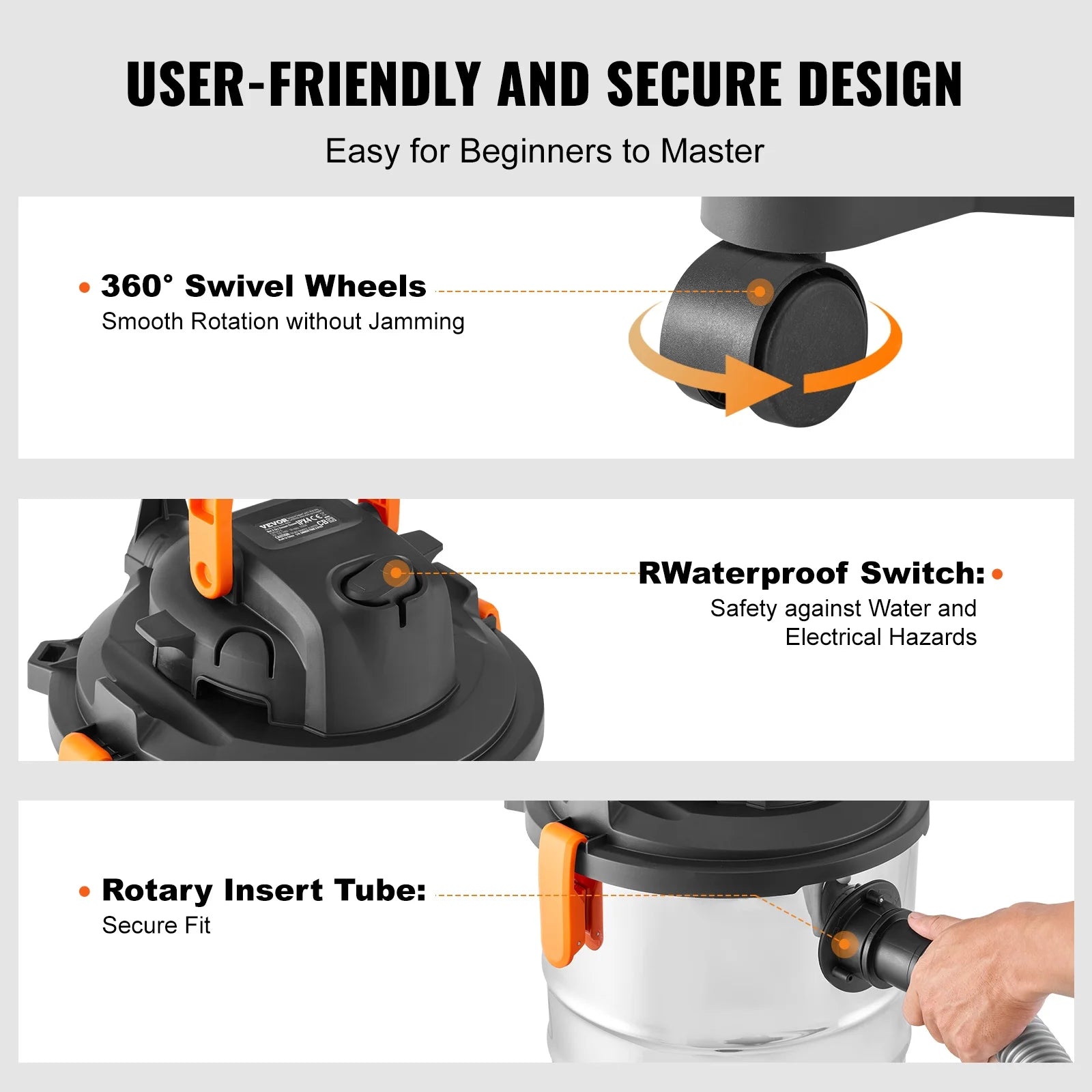 VEVOR Stainless Steel Wet Dry Shop Vacuum, 8 Gallon 6 Peak HP Wet/Dry Vac, Powerful Suction with Blower Function w/Attachment 2-in-1 Crevice Nozzle, Small Shop Vac Perfect for Carpet Debris