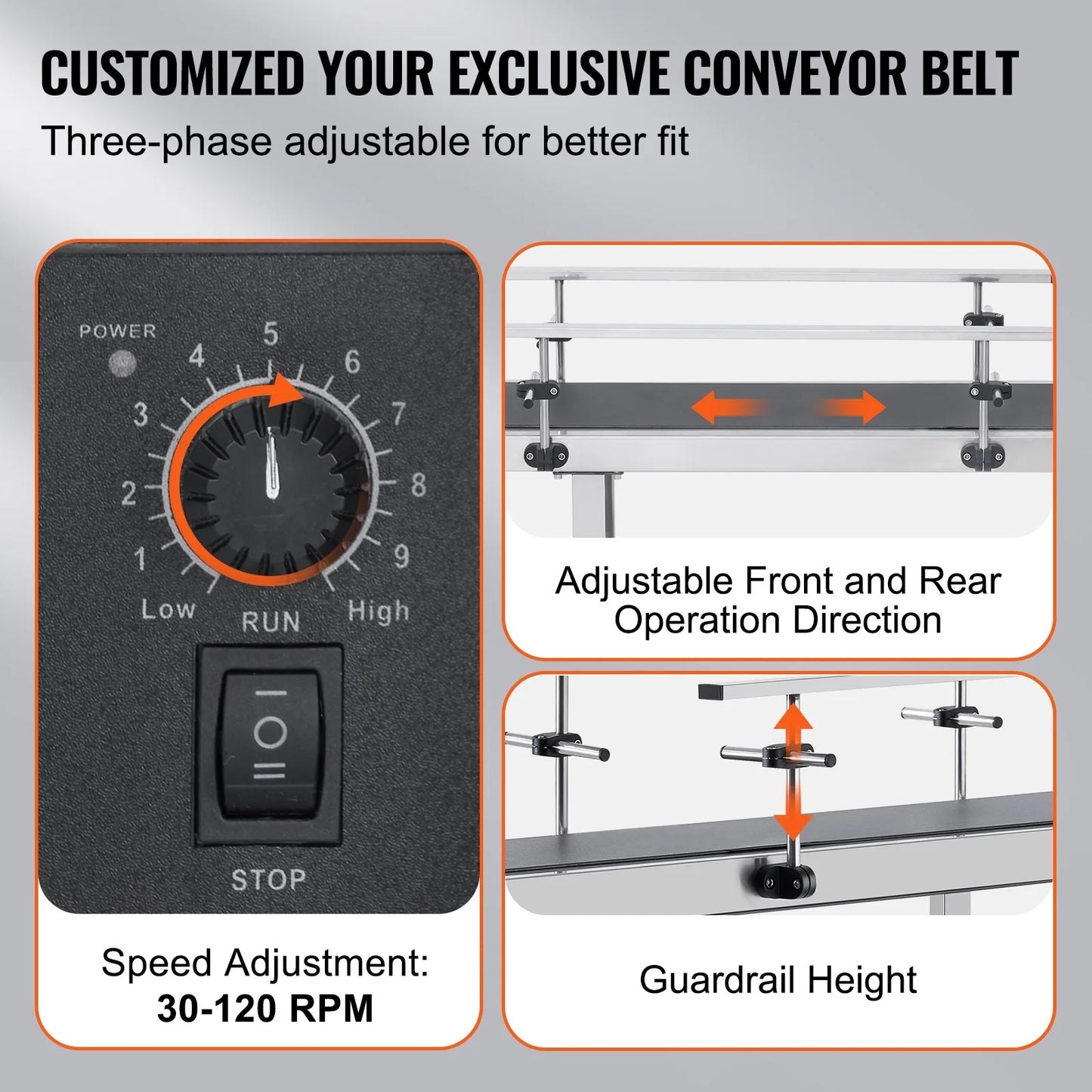 KFFKFF 71"x7.8" Belt Conveyor PVC Belt Conveyor Stainless Steel Double Guardrail