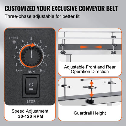 KFFKFF 71"x7.8" Belt Conveyor PVC Belt Conveyor Stainless Steel Double Guardrail