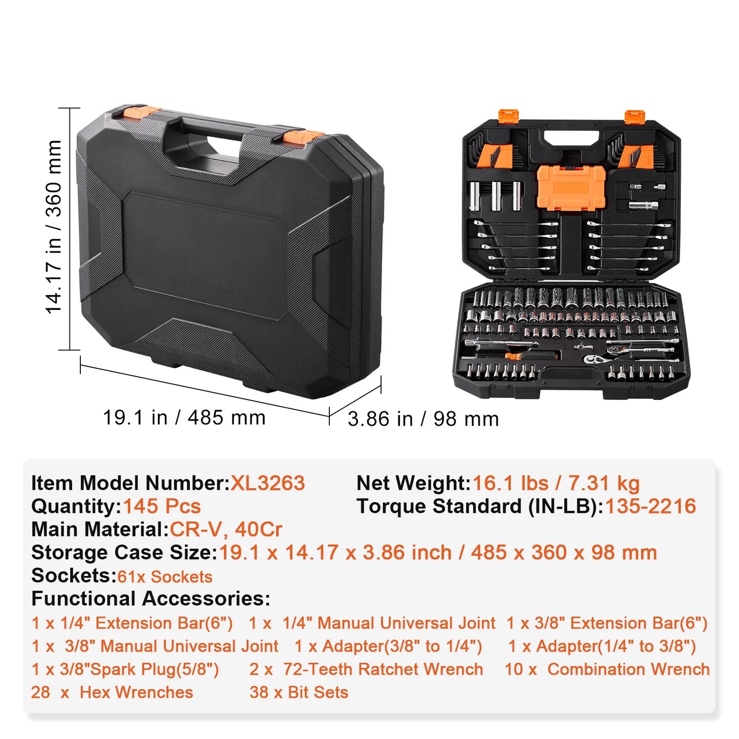 SKYSHALO Mechanics Tool Set and Socket Set, 1/4" and 3/8" Drive Deep & Standard Sockets, 145 Piece SAE and Metric Mechanic Tool Kit with Bits, Combination Wrench, Hex Wrenches, Accessories