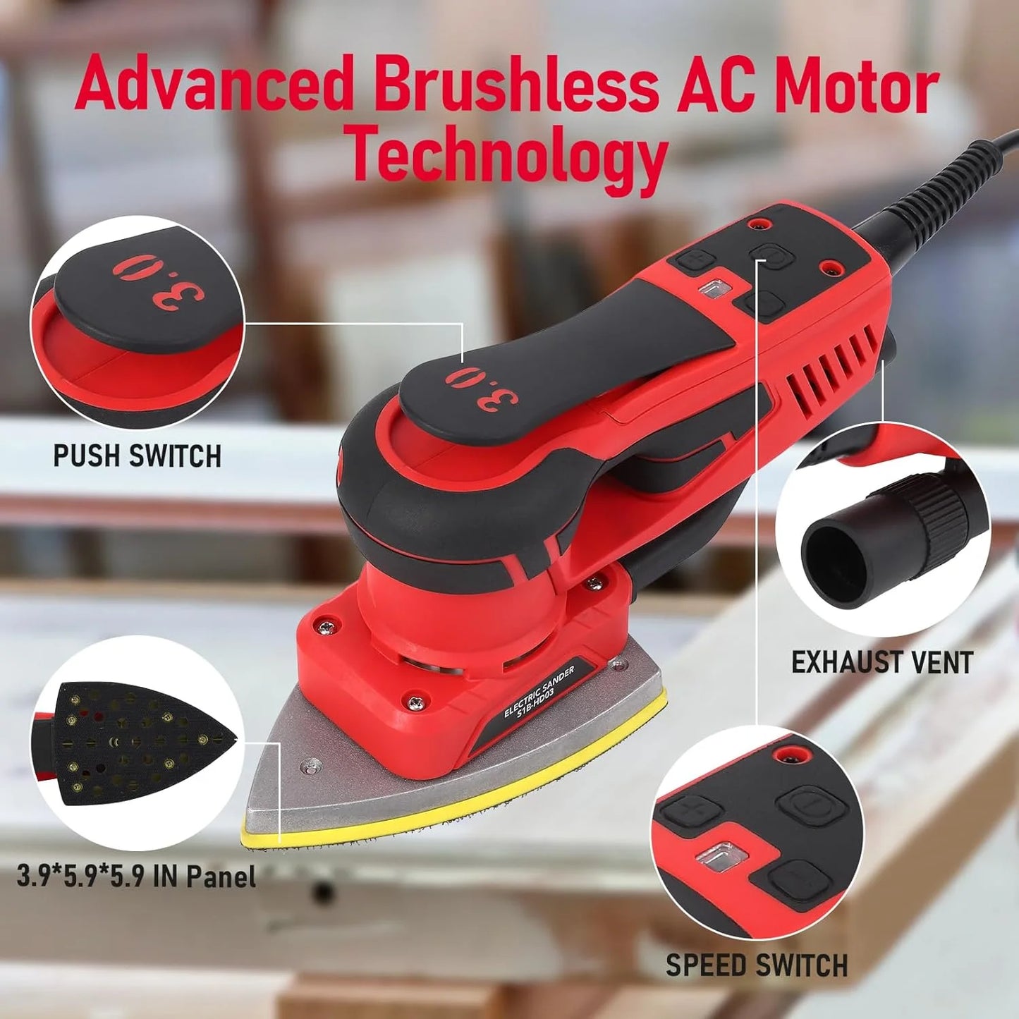 Towallmark Electric Detail Sander with 12 Sanding Paper, 350W Brushless Motor Mouse Sander, Powerful & Low Vibration, 10000 RPM, For Wood Working, Polishing, Carpentry