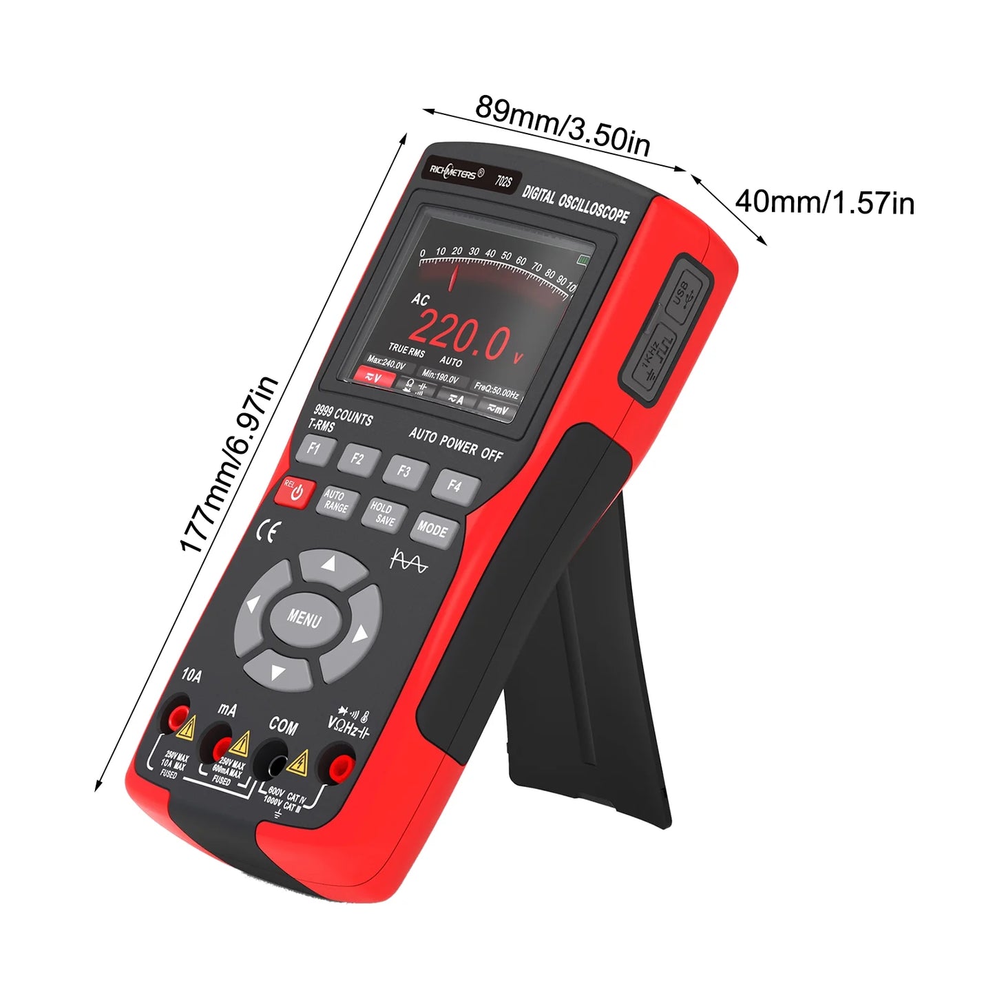 Oscilloscope Multimeter Handheld LCD Digital Multimeter & Oscillometer 2-in-1 Universal Meter Scope Meter 9999 Counts 10MHz 48MSa/s Single Channel Measuring AC/DC Voltage & Current Resistance