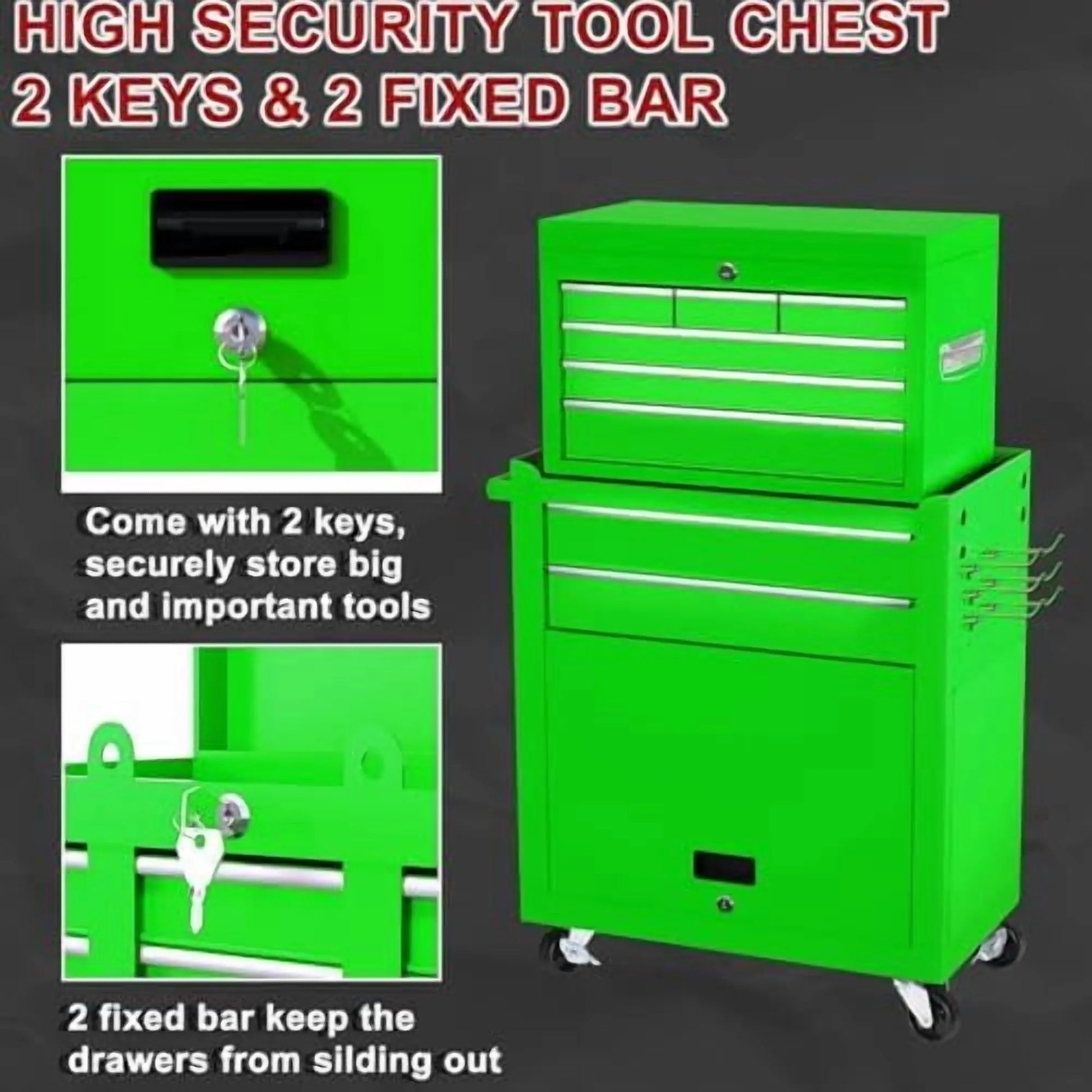 8-Drawer Rolling Tool Chest with Detachable Top Tool Box, Lockable Metal Tool Cabinet, and Liner, Heavy-Duty Storage Organizer with Wheels and 6 Hooks for Garage, Workshop, Green