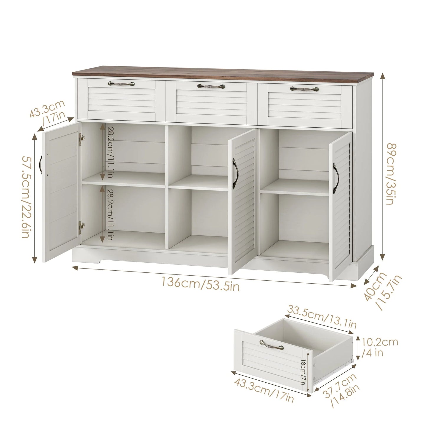 Homfa 53.5'' 3 Drawer Kitchen Buffet Cabinet with Adjustable Shelves, Wood Storage Cabinet with 3 Doors for Dining Room, White