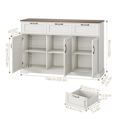 Homfa 53.5'' 3 Drawer Kitchen Buffet Cabinet with Adjustable Shelves, Wood Storage Cabinet with 3 Doors for Dining Room, White