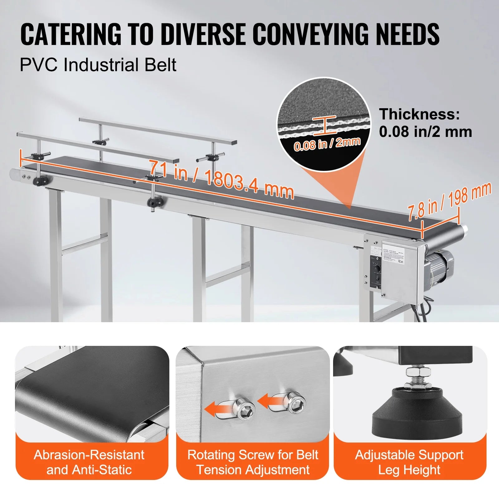 KFFKFF 71"x7.8" Belt Conveyor PVC Belt Conveyor Stainless Steel Double Guardrail