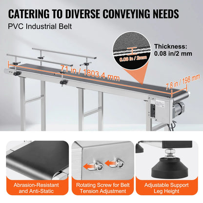 KFFKFF 71"x7.8" Belt Conveyor PVC Belt Conveyor Stainless Steel Double Guardrail