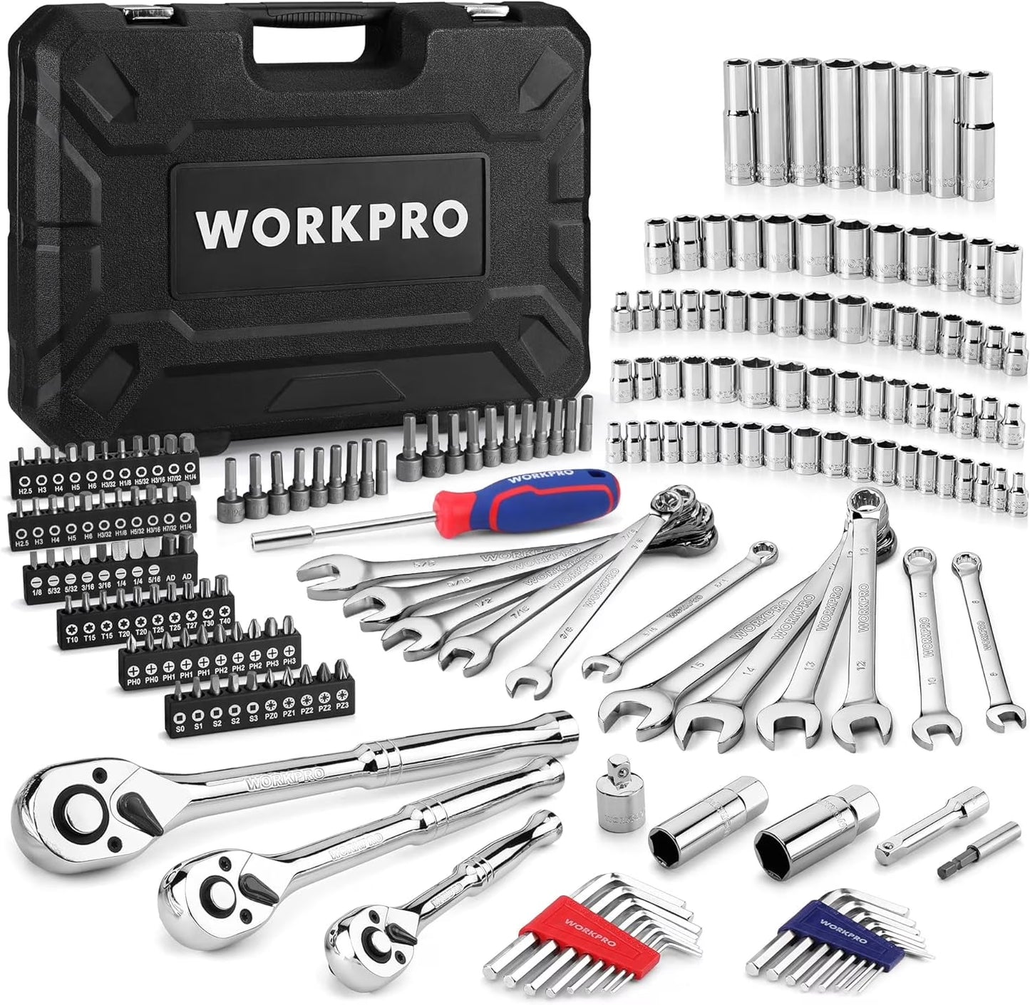 WORKPRO Mechanics Tools Kit and Socket Set, 192-Piece, SAE& Metric, 1/2'', 1/4'', 3/8'' Drive Socket Ratchet Wrench Set with Molded Case