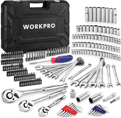 WORKPRO Mechanics Tools Kit and Socket Set, 192-Piece, SAE& Metric, 1/2'', 1/4'', 3/8'' Drive Socket Ratchet Wrench Set with Molded Case