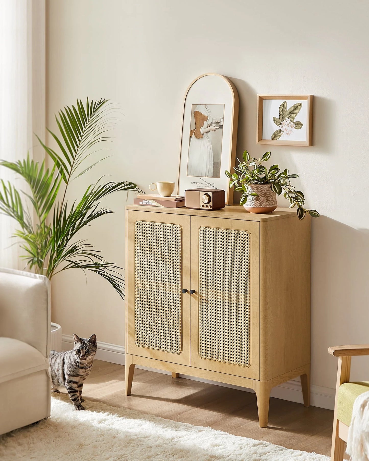 VASAGLE Rattan Sideboard Buffet Storage Cabinet, Kitchen Cupboard Server Console Table with Adjustable Shelves, 15.7 x 31.5 x 35.4 Inches for Entryway
