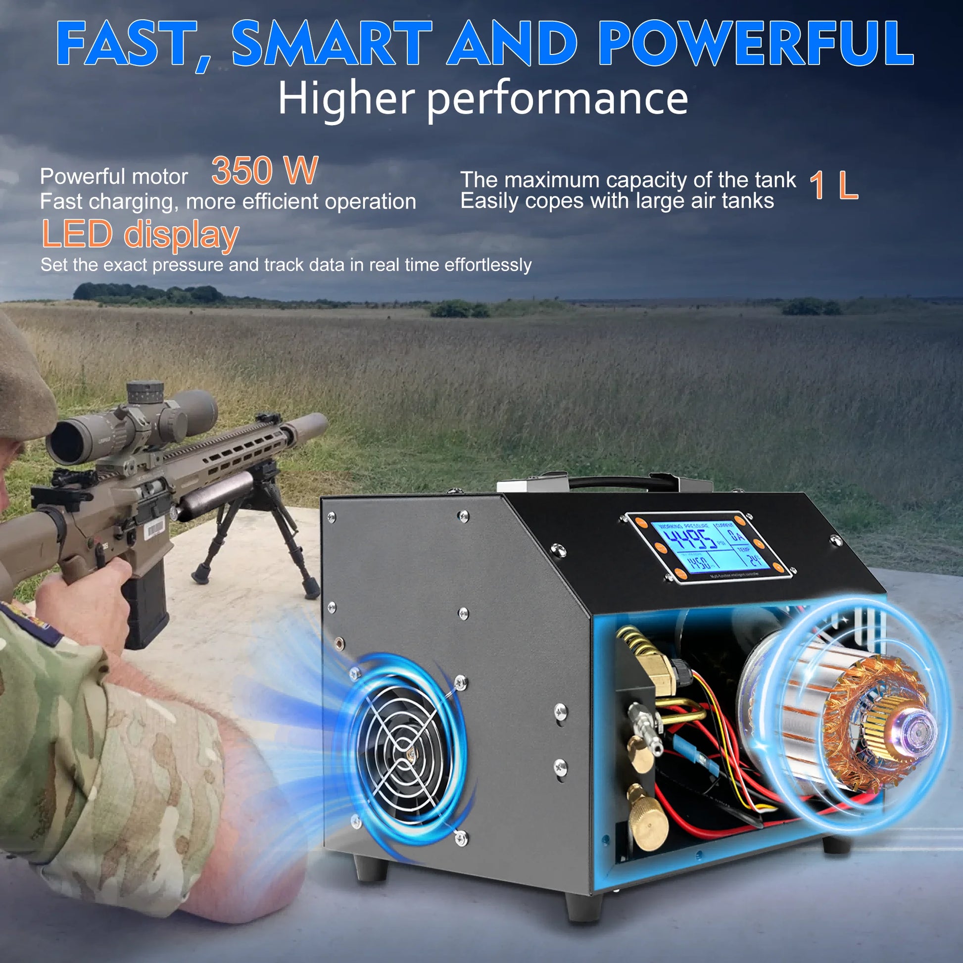 TUDIVING PCP Air Compressor LCD Display 4500Psi Built-in Converter Auto-Stop Portable Air Pump 110V