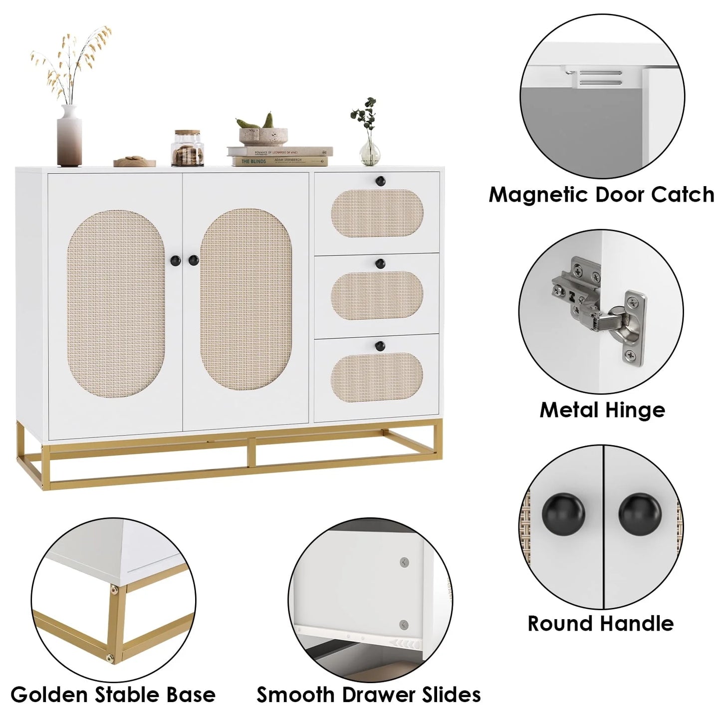 Homfa 3 Drawers Accent Storage Cabinet, 34.2"H Gold Buffet Sideboard with Rattan Doors for Living Room, White
