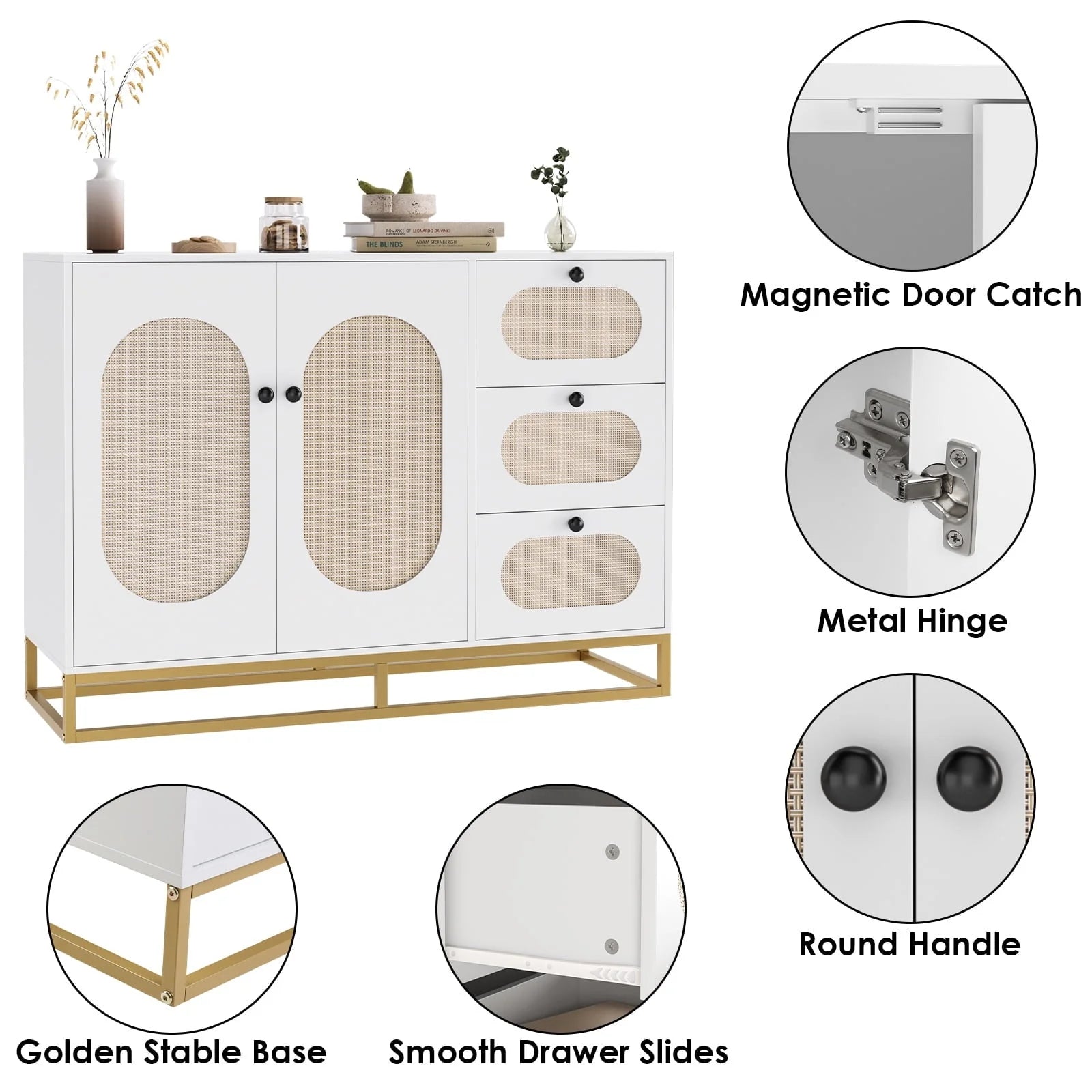 Homfa 3 Drawers Accent Storage Cabinet, 34.2"H Gold Buffet Sideboard with Rattan Doors for Living Room, White