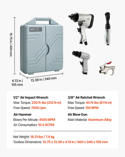 VEVOR 50 Pieces Pro Air Tool and Accessories Kit - 1/2" Air Impact Wrench, 3/8" Ratchet Wrench, 4500BPM Hammer, Blow Gun & Full Accessories for Auto Repairs, Home DIY Projects - with Storage Case
