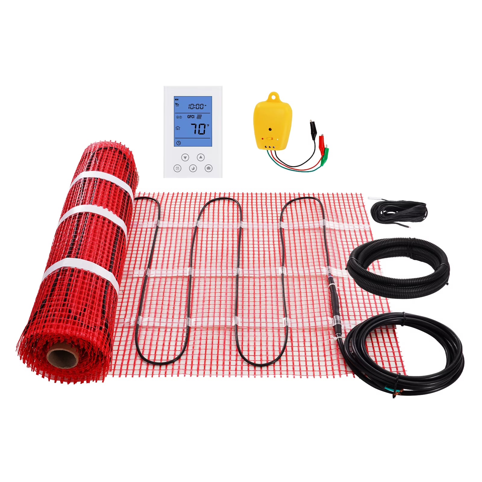 KFFKFF Underfloor Heating Mat, 30 Sq.ft, Electrical Ground Warming System with Digital Temperature Sensing Thermostat, Comes with Installation Monitor, Sticky Back for Simple Setup on The Ground