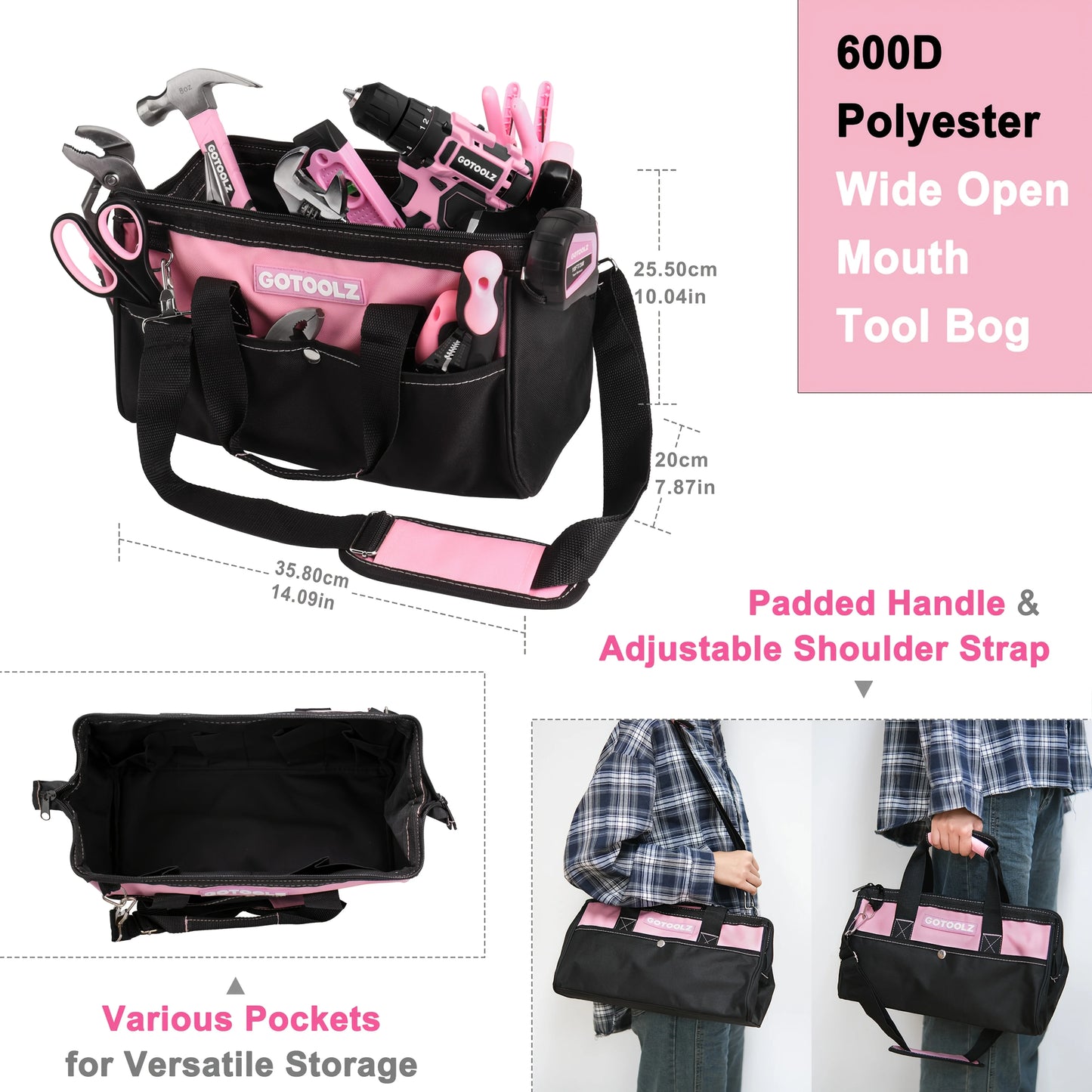 253-Piece 20V Pink Cordless Lithium-ion Drill Driver And Home Tool Set, Lady's Repairing Kit With 12-Inch Wide Mouth Open Storage Bag
