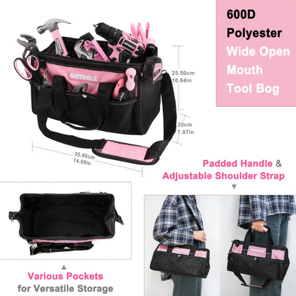 253-Piece 20V Pink Cordless Lithium-ion Drill Driver And Home Tool Set, Lady's Repairing Kit With 12-Inch Wide Mouth Open Storage Bag
