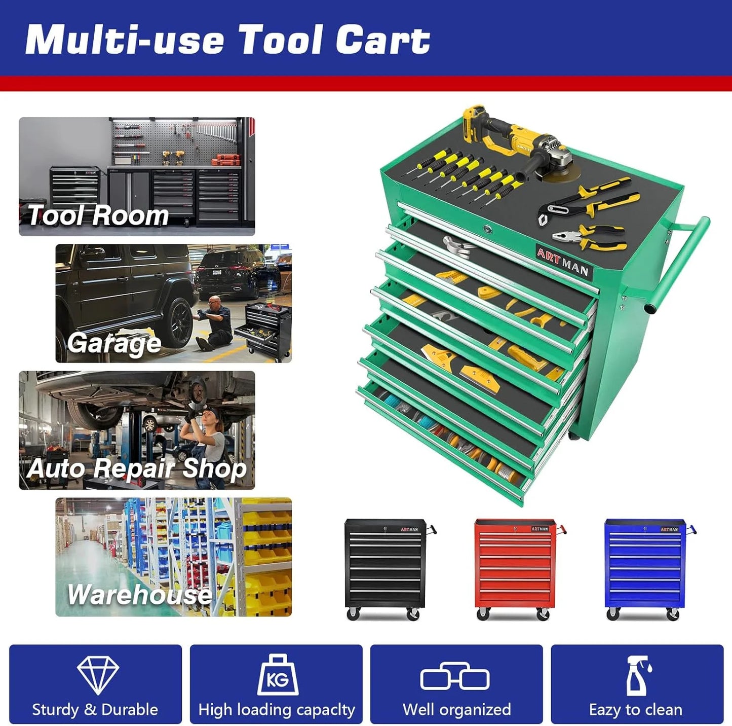 taoruifang 7-Drawer Rolling Tool Cabinet, Anti-Rust Tool Chest With Lock, Storage Organizer for Garage, Workshop