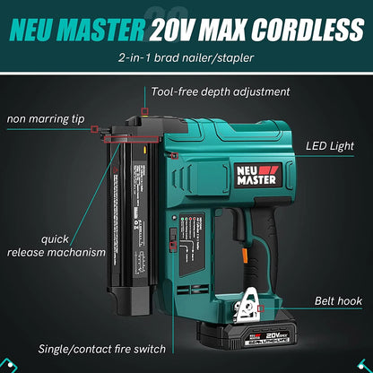 NEU MASTER Cordless Brad Nailer , 18 Gauge 2 in 1 Nail Gun/Staple Gun with 2.0Ah Li-ion Battery, 1000pcs Nails and 500pcs Staples Included, for Home Improvement, Woodworking