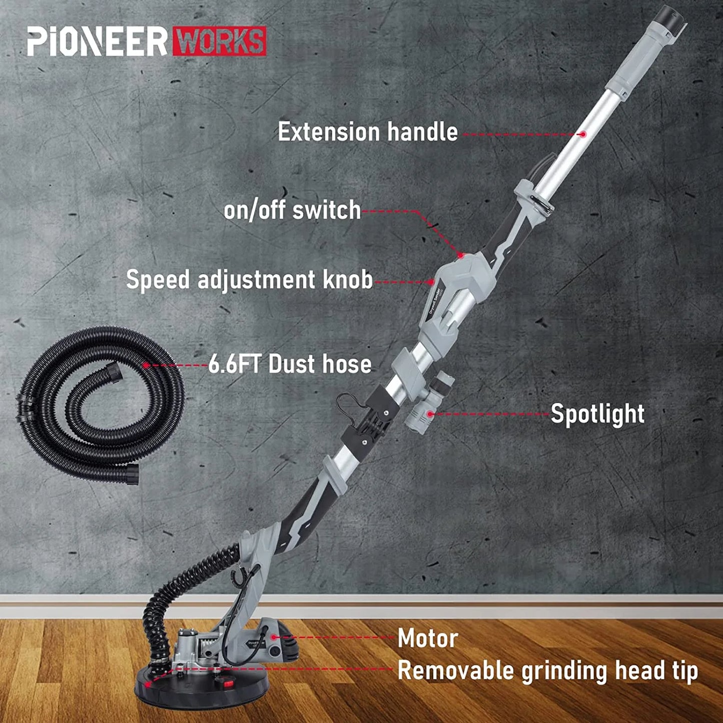710W Drywall Sander, Electric Motor Sander with LED Flashlight, Variable Speed 800-1800RPM With Extendable & Foldable Handle, 6 Pcs Sanding Discs, Including Carrying Bag