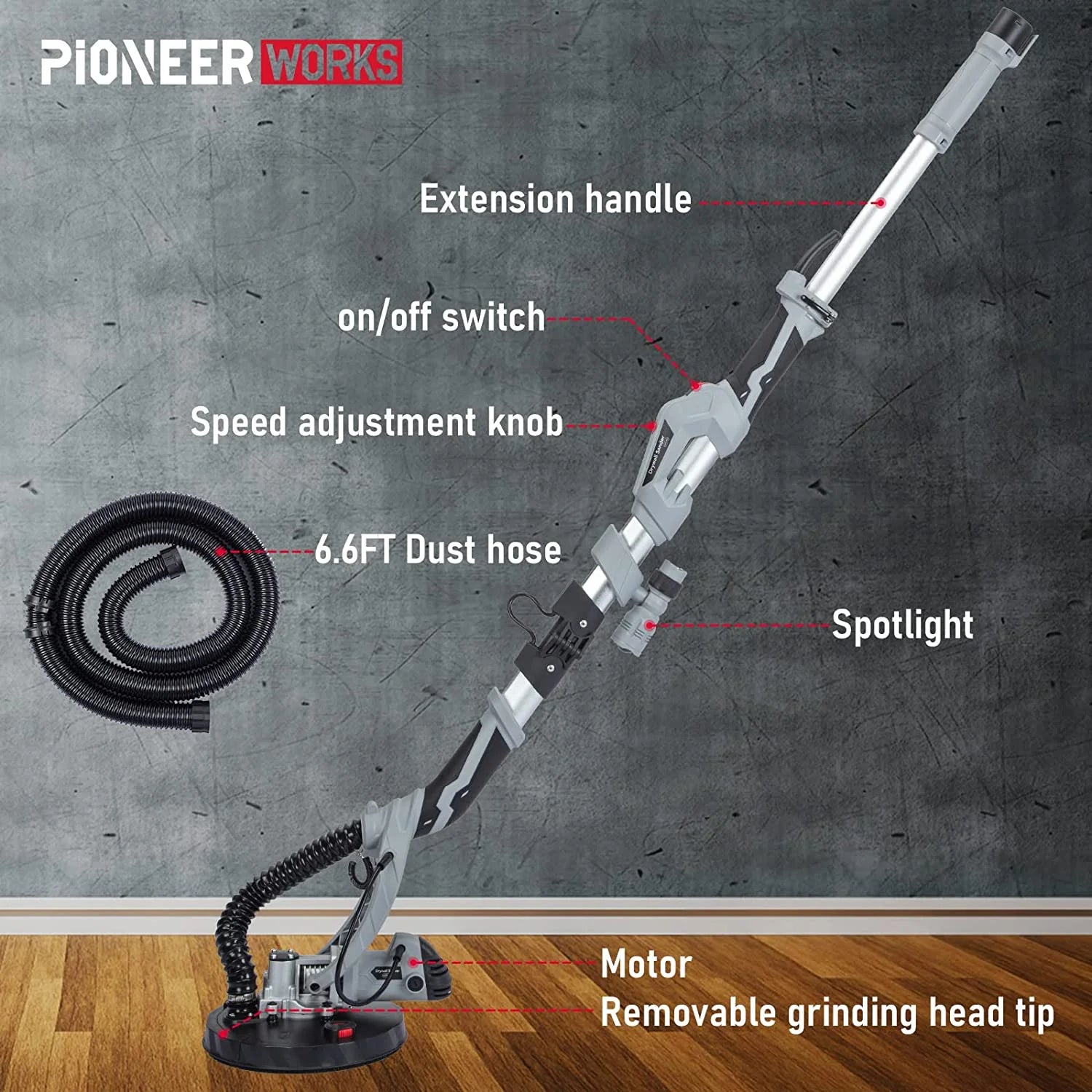 710W Drywall Sander, Electric Motor Sander with LED Flashlight, Variable Speed 800-1800RPM With Extendable & Foldable Handle, 6 Pcs Sanding Discs, Including Carrying Bag