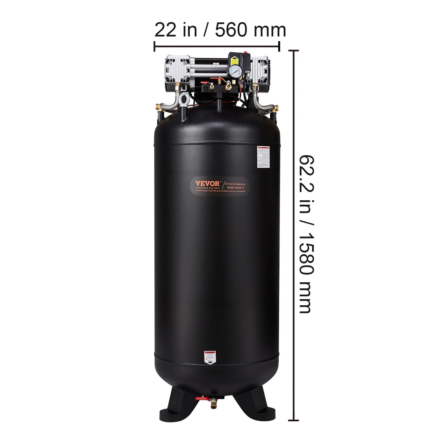 VEVOR 80 Gallon Compressor, 6.5HP, 15.5SCFM@90 PSI, Dual-Stage 145PSI, Oil-Free, 86dB Quiet Operation, Ideal for Manufacturing, Construction, Auto Repair