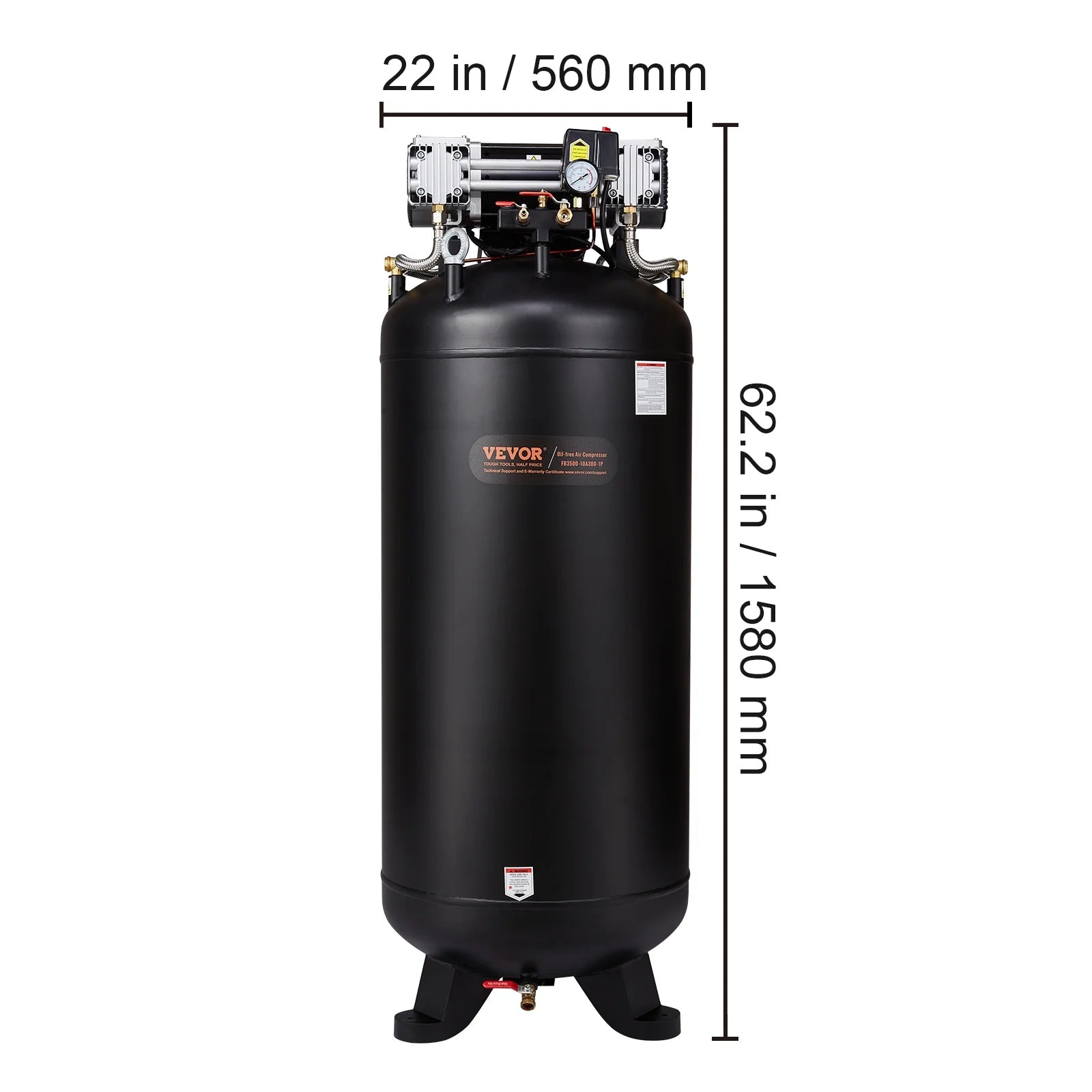 VEVOR 80 Gallon Compressor, 6.5HP, 15.5SCFM@90 PSI, Dual-Stage 145PSI, Oil-Free, 86dB Quiet Operation, Ideal for Manufacturing, Construction, Auto Repair
