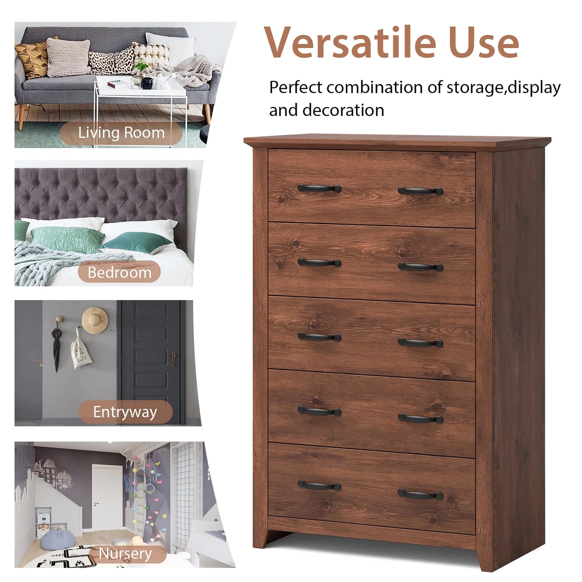Costway 5 Drawer Chest Storage Dresser Tall Cabinet Organizer Bedroom Hallway Walnut