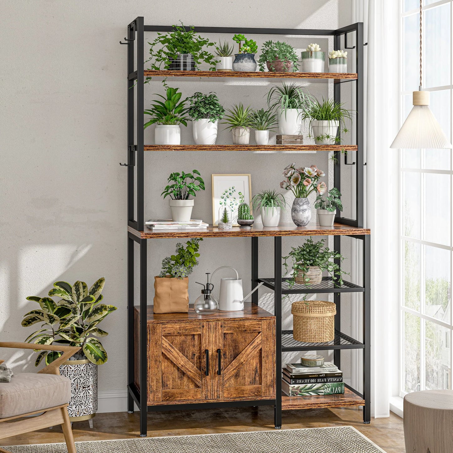 EnHomee 6 Tier Kitchen Bakers Rack Microwave Oven Stand with Storage Coffee Bar with Shelves Cabinet Hooks, 29.5" W * 13.9" D * 63" H Rustic Brown