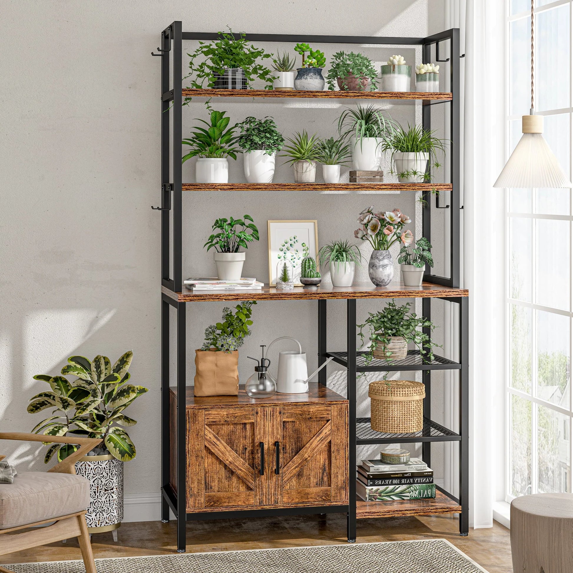 EnHomee 6 Tier Kitchen Bakers Rack Microwave Oven Stand with Storage Coffee Bar with Shelves Cabinet Hooks, 29.5" W * 13.9" D * 63" H Rustic Brown