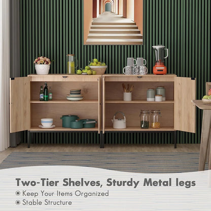 Buffet Sideboard Cabinets with Handmade Natural Rectangle Rattan Doors Set of 2, Accent Oak Color Entryway Chest Console Table with Storage Cabinet for Dining Room, Living Room, Kitchen