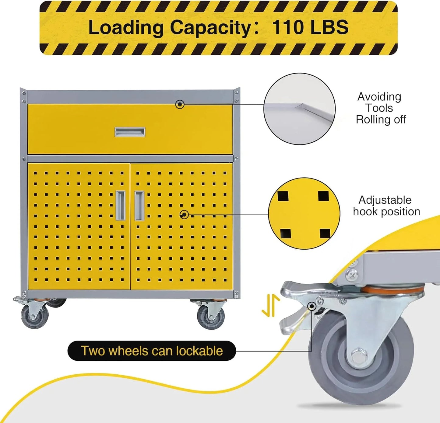 walsport Tool Chest, Rolling Storage Cabinet with Lockable Wheels with 1 Drawer & 2 Doors 1 Adjustable Shelf & 4 Hanging Hooks, Yellow