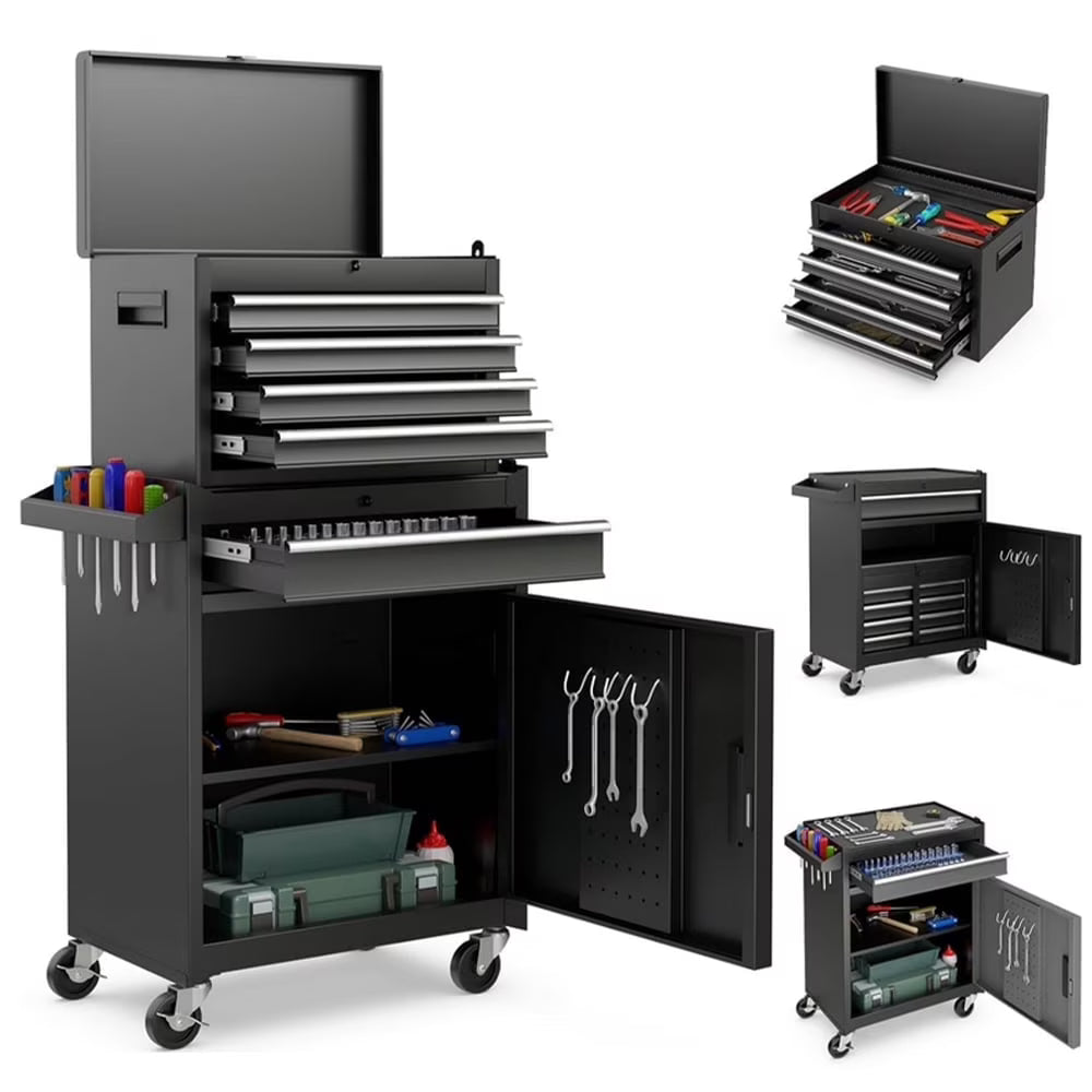 Rolling Tool Chest, 5 Drawers with Big Cabinet, Tool Trolley with 4 Universal Lockable Wheels and Lock Bar, Great Black Tool Cart for Garage Workshop, Sturdy Heavy Duty Tool Storage, Easy Assemble